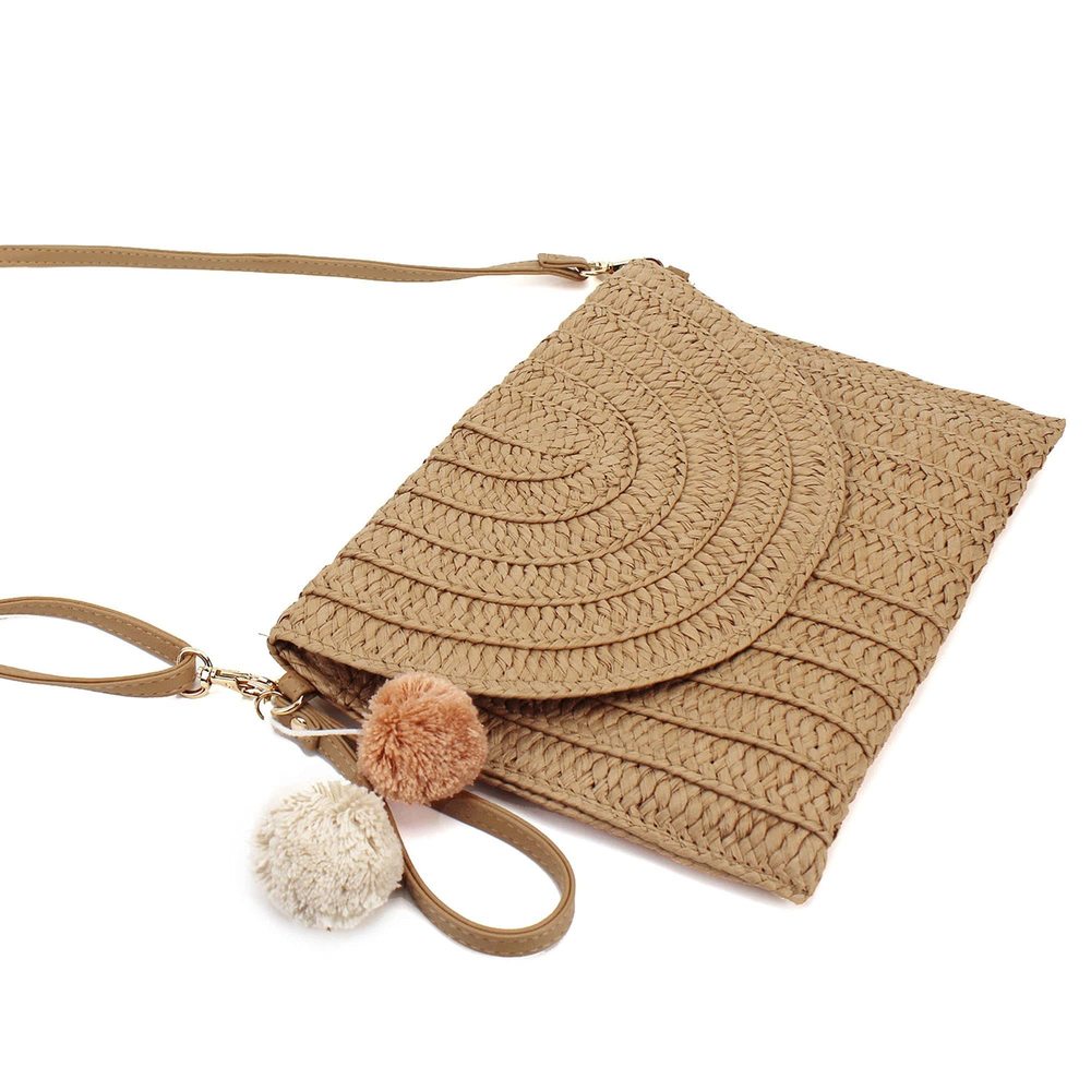 Straw Shoulder Bag Woven Pom Pom Clutch Envelope Purse Wallet Casual :P - Picture 2 of 6